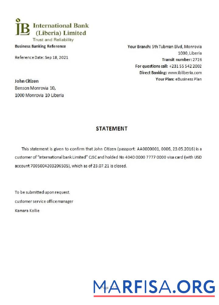 Realistic Liberia IB International Bank closure reference template